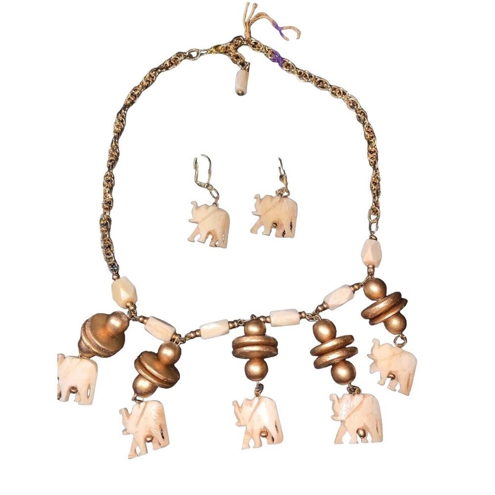 African Elephant Necklace & Earrings Faux Bone Bead Ethnic Statement Edmar Vtg
